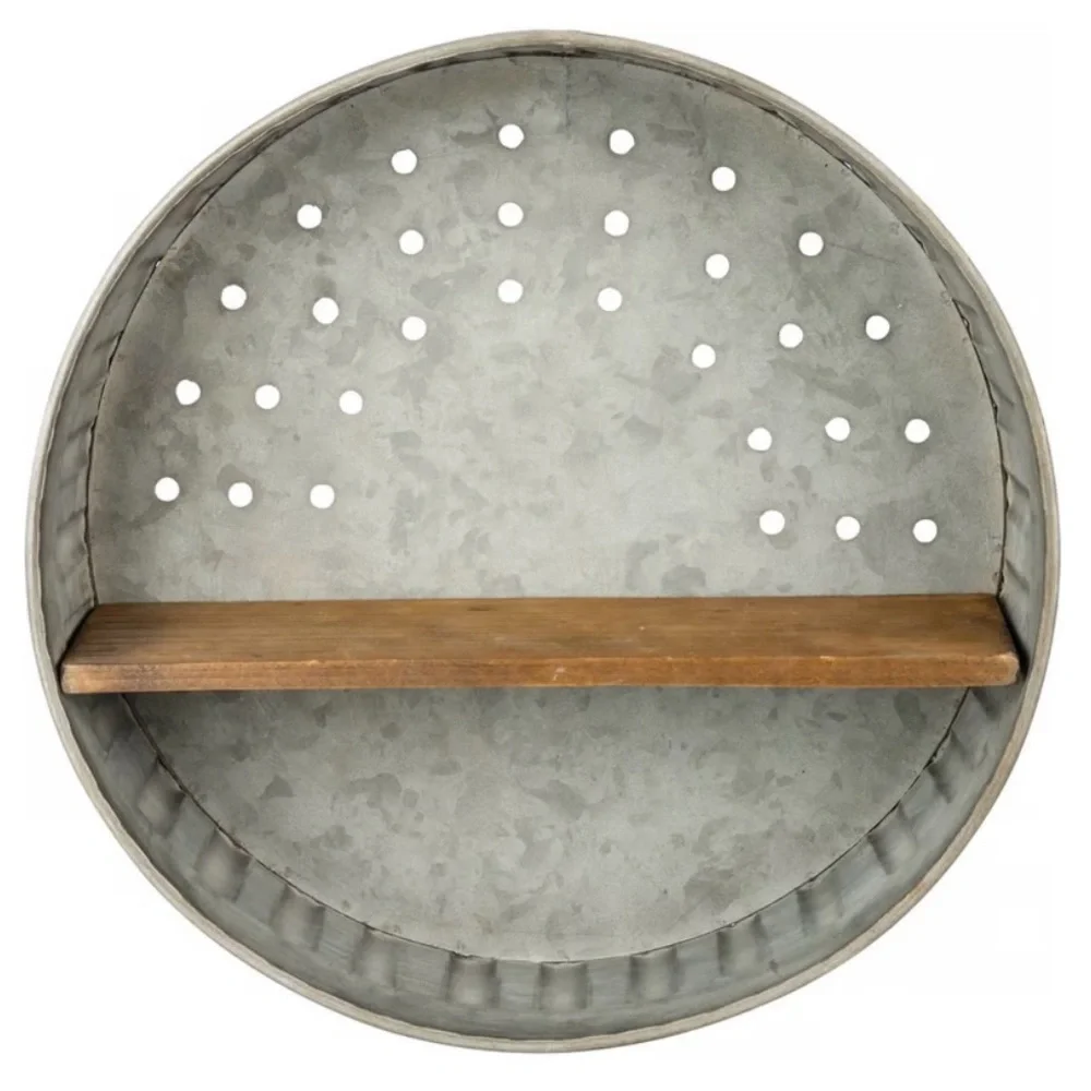 KATHY Farmhouse Rustic Round Gray Metal Wall Wooden Shelf Country Core #0725259